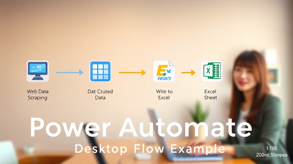 웹에서 데이터를 스크래핑하고 추출하여 엑셀 시트에 쓰는 Power Automate Desktop의 단계별 흐름을 보여주는 SVG 다이어그램