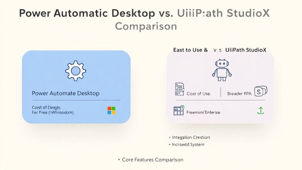 Power Automate Desktop과 UiPath StudioX의 주요 특징, 비용, 통합성 등을 비교한 핵심 기능 비교표 SVG 인포그래픽