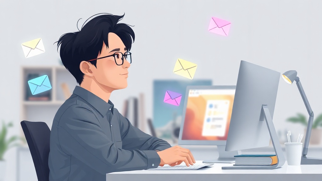 자동화 도구를 활용하여 여러 업무를 효율적으로 처리하며 스트레스 없이 생산성을 높이는 한국인 직장인의 모습 일러스트