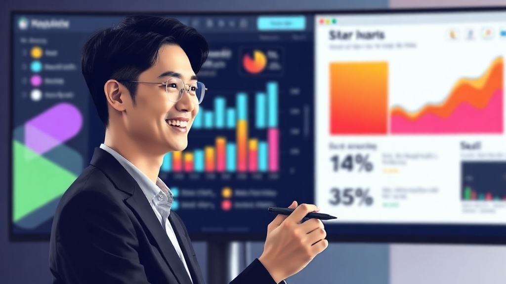 이직률 감소와 역량 개발 지표를 보여주는 추상적인 데이터 시각화 대시보드를 보는 한국인 HR 매니저