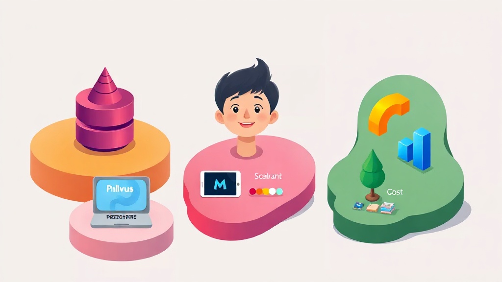 Pinecone, Milvus, Qdrant 등 주요 벡터 데이터베이스의 추상적인 로고와 성능, 확장성, 비용 등 핵심 기준을 시각적으로 비교하는 카드 형태의 일러스트