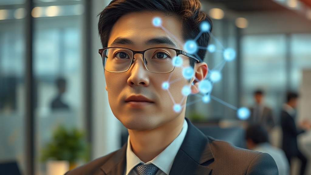 AI 시대의 데이터 메시 개념을 시각화하는 한국인 비즈니스 전문가와 홀로그램 데이터 망