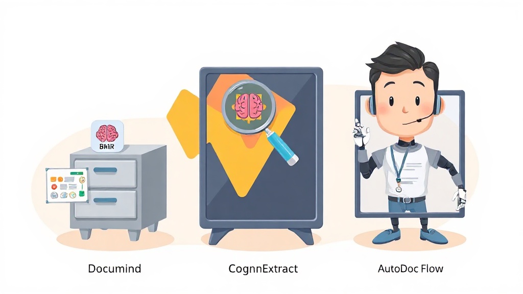 2025년 AI 문서 자동 처리 툴 3대장(DocuMind AI, CogniExtract Pro, AutoDoc Flow)의 특징을 상징적으로 비교하는 일러스트레이션