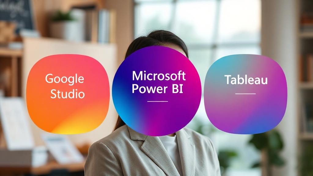 Google Looker Studio, Power BI, Tableau를 상징하는 세 가지 AI 기반 보고서 툴 인터페이스 비교 일러스트