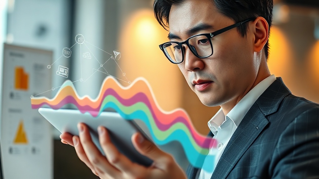 태블릿에서 AI 데이터 시각화와 학습 아이콘을 살펴보는 한국인 비즈니스 전문가의 모습