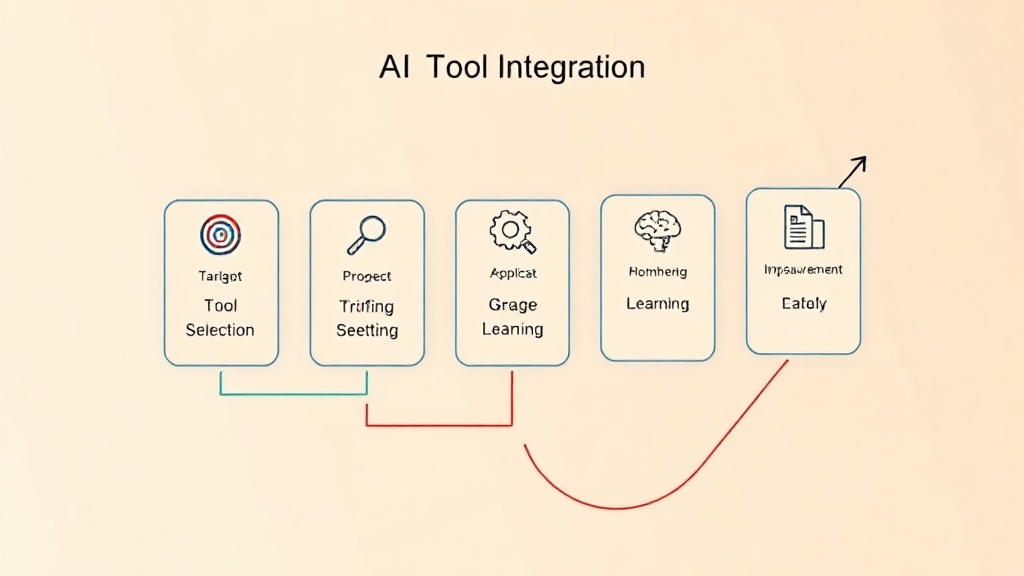 AI 툴 도입을 위한 5단계 실전 가이드(목표 설정, 툴 선정, 적용, 학습, 개선)를 나타내는 흐름도