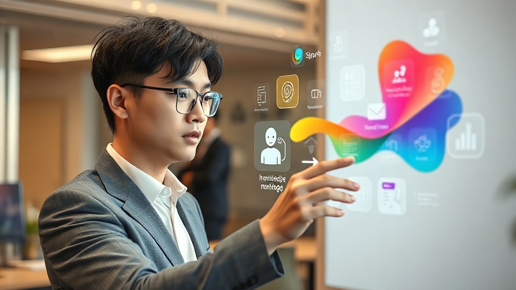 한국인 사업가가 홀로그램 인터페이스로 AI 기반 사내 지식 검색 및 답변을 활용하는 모습