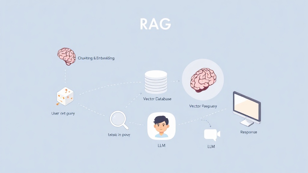 RAG(Retrieval Augmented Generation) 아키텍처의 핵심 구성 요소와 데이터 흐름을 보여주는 추상적인 다이어그램