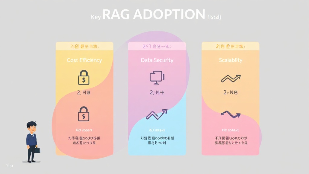 RAG 시스템 도입 시 고려해야 할 비용 효율성, 데이터 보안, 확장성 세 가지 주요 요소를 비교하는 인포그래픽 차트