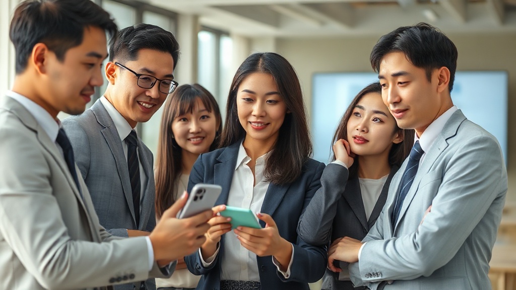 AI 도입에 대한 기대와 우려를 동시에 표현하는 한국인 직장인들의 모습, 협업과 변화를 상징하는 현대적인 사무실 배경