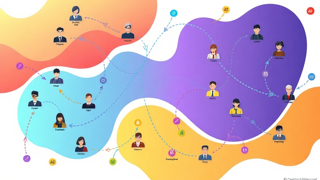 AI 도입으로 인한 조직 변화와 상호 연결성을 나타내는 추상적인 조직도 일러스트