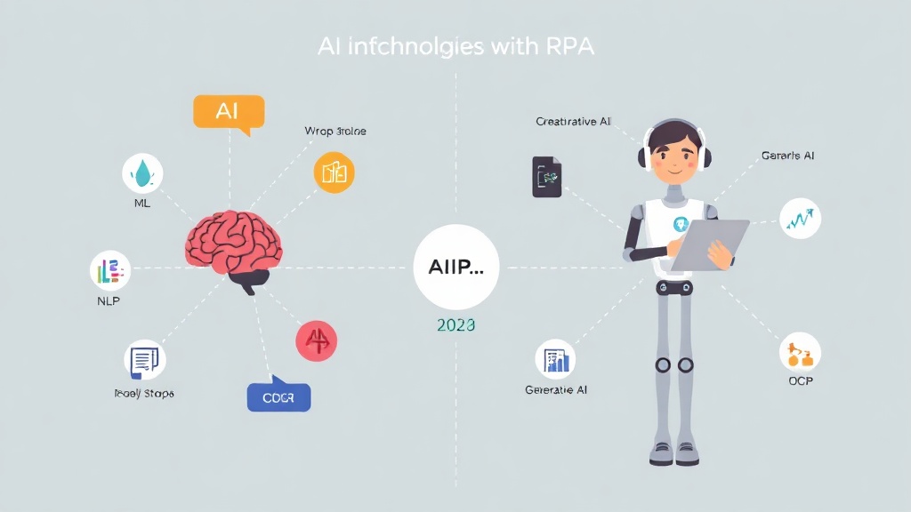 OCR, NLP, 생성형 AI 등 다양한 AI 기술이 RPA와 연동되어 업무를 자동화하는 과정을 나타내는 인포그래픽