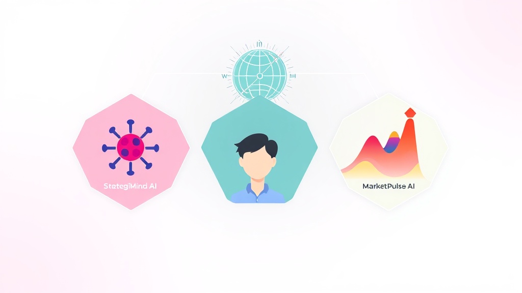 2025년 AI 경쟁사 분석 툴 3대장(StrategiMind AI, CompetiSphere 360, MarketPulse AI)의 핵심 기능을 시각적으로 표현한 개념 일러스트