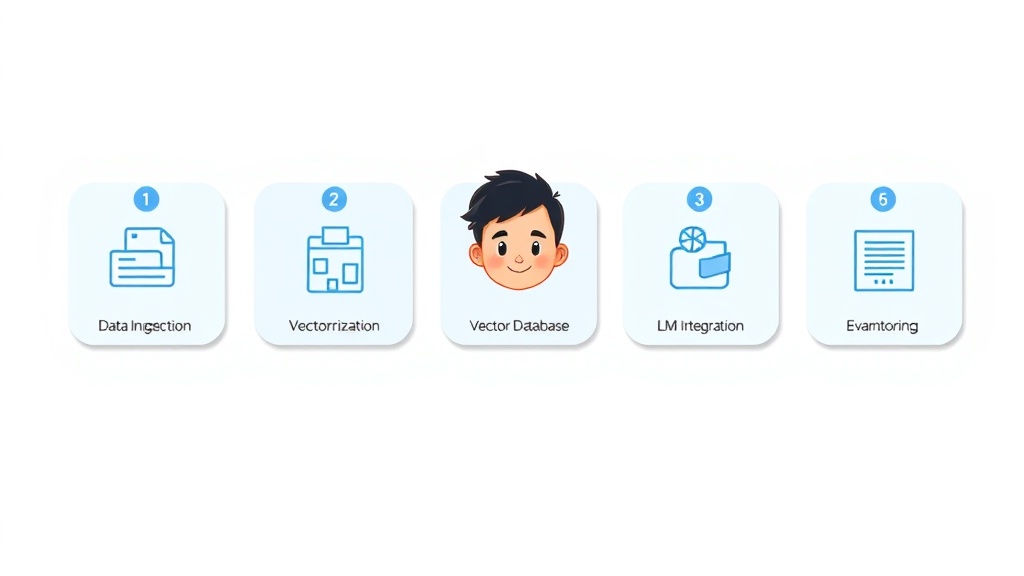 데이터 수집, 벡터화, 벡터 데이터베이스, LLM 통합, 평가 및 모니터링 등 RAG 구축 5단계 과정을 나타내는 번호 매겨진 카드