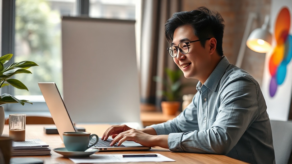 한국인 마케터가 Google Looker Studio 대시보드를 보며 만족하는 모습