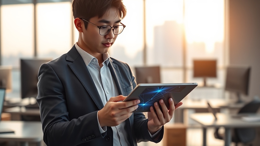 태블릿을 보며 AI 기반 솔루션 선정에 집중하는 한국인 비즈니스 전문가