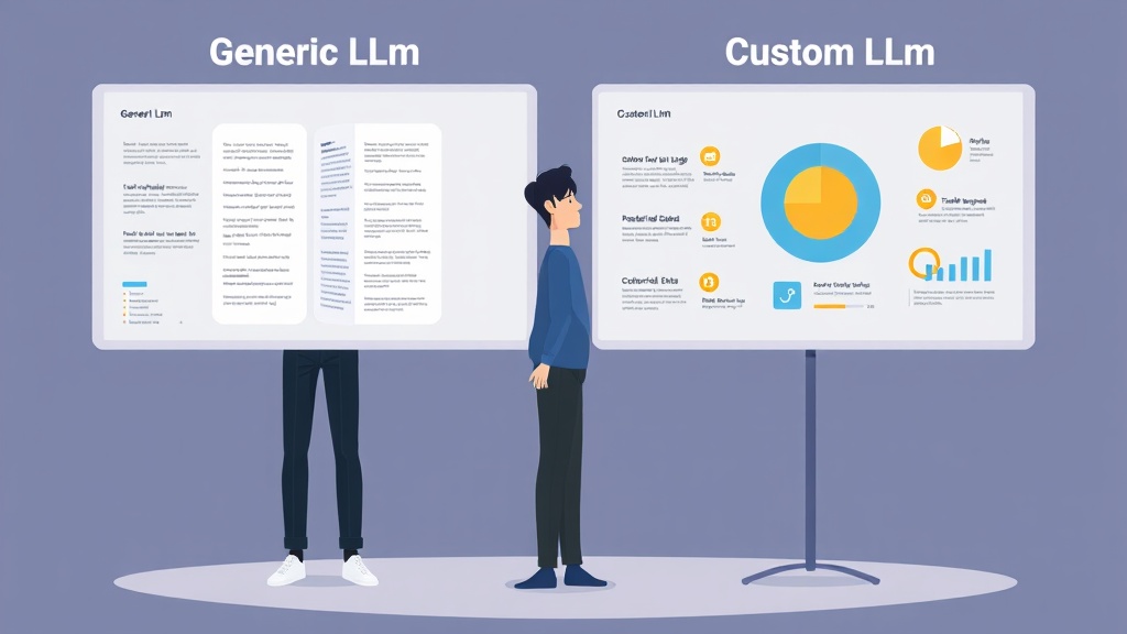 범용 LLM과 기업 맞춤형 LLM을 비교하는 개념적 일러스트. 한쪽은 넓은 지식을, 다른 한쪽은 기업 데이터를 상징하는 시각적 요소로 표현.