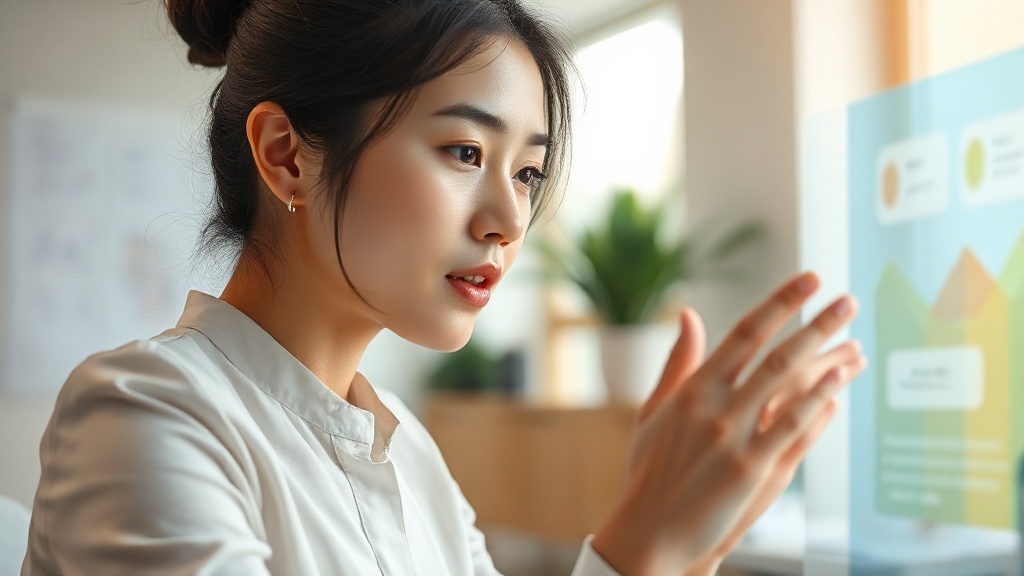 홀로그램 디스플레이를 보며 AI 법적 문제에 대해 고민하는 한국인 비즈니스 전문가