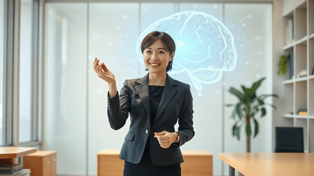 AI웍스 블로그 썸네일: 한국인 여성 기업인이 홀로그램으로 표시된 복잡한 데이터와 AI 기호를 가리키며 기업 내부 데이터 기반 RAG 아키텍처 구축의 중요성을 설명하는 모습