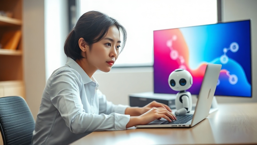 AI 기반 SEO 전략을 세우는 한국인 여성 마케터와 AI 로봇 조수