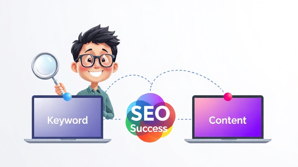 Semrush, Ahrefs, Surfer SEO 세 가지 주요 AI 기반 SEO 툴의 핵심 기능을 시각적으로 비교하는 추상적 일러스트