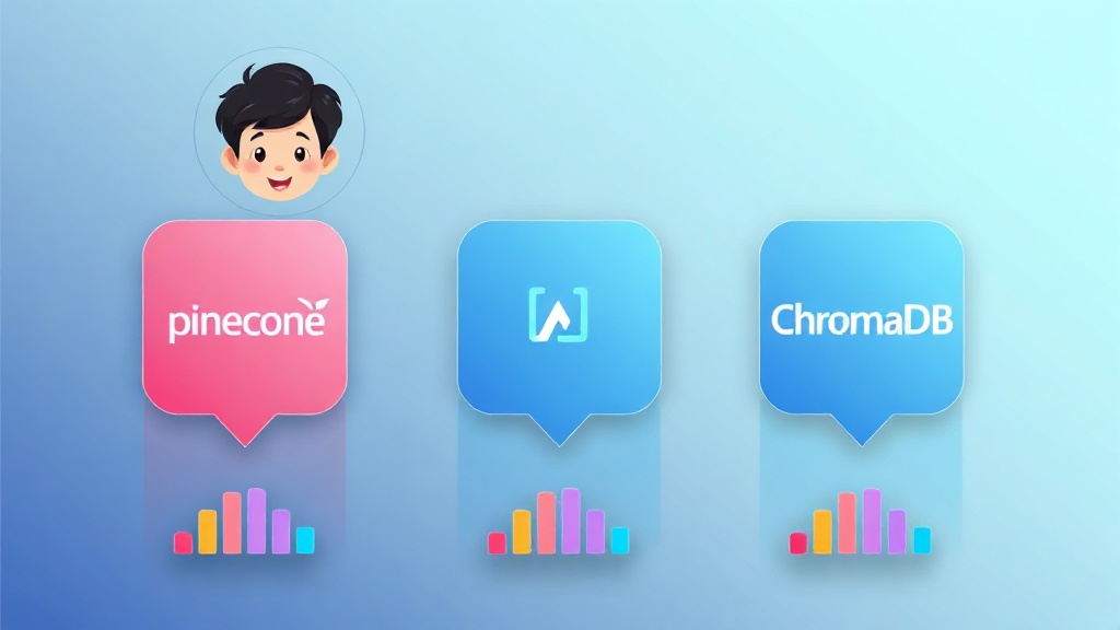 Pinecone, Weaviate, ChromaDB 등 주요 벡터 데이터베이스의 특징을 시각적으로 비교하는 콘셉트 일러스트