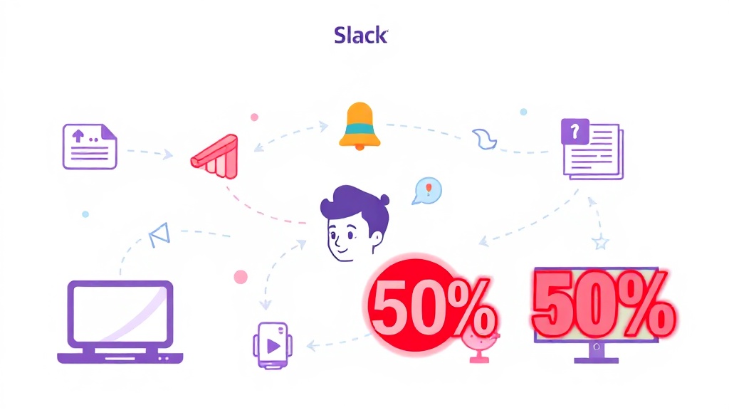 Slack 채널 내에서 자동화된 메시지와 정리된 정보 흐름을 시각화한 미니멀한 다이어그램. 알림 벨 아이콘에 '50% 감소' 표시가 있어 반복 알림이 줄어들고 중요한 정보에 집중할 수 있음을 나타낸다.