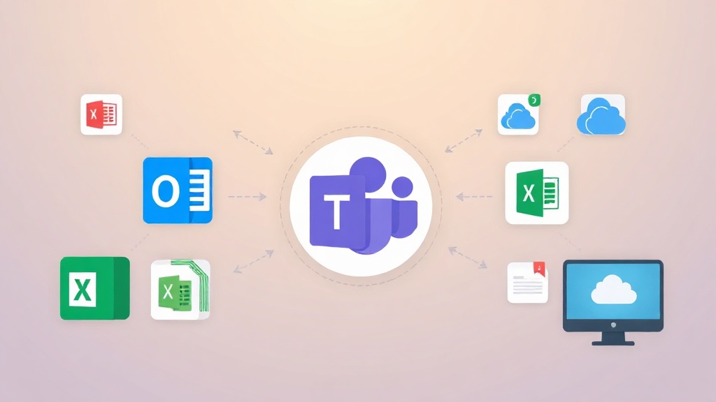 Outlook, Excel, Planner 등 다양한 Microsoft 365 앱 아이콘들이 MS Teams 아이콘으로 연결되는 개념적 일러스트. 데이터와 정보가 앱들 사이에서 MS Teams로 원활하게 흐르는 모습을 보여주며, 정보 공유 가속화를 상징한다.