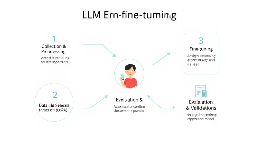 LLM 파인튜닝 5단계 워크플로우를 보여주는 추상적인 다이어그램