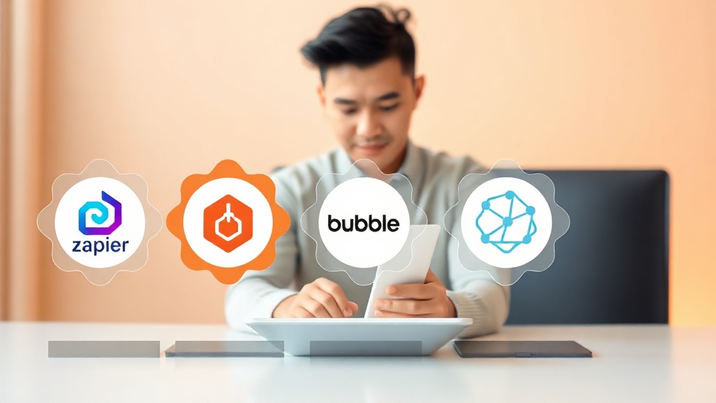 Zapier, Make.com, Bubble, Airtable, Microsoft Power Apps 등 주요 LCNC 툴 로고들의 기능 비교 시각화 일러스트