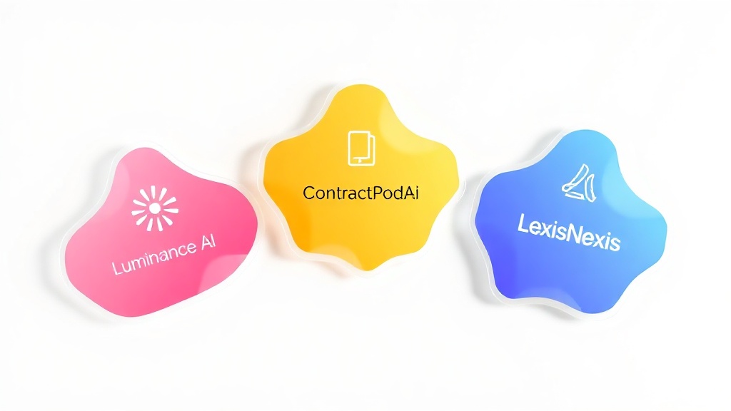 2025년 AI 법률 문서 검토 툴 3대장인 Luminance AI, ContractPodAi, LexisNexis AI를 상징하는 카드 이미지