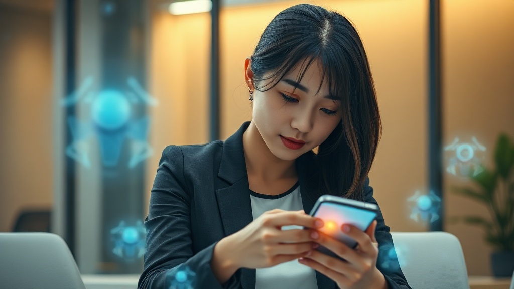 현대적인 사무실에서 여러 AI 엔티티 아이콘을 지휘하는 한국인 여성 전문가의 모습