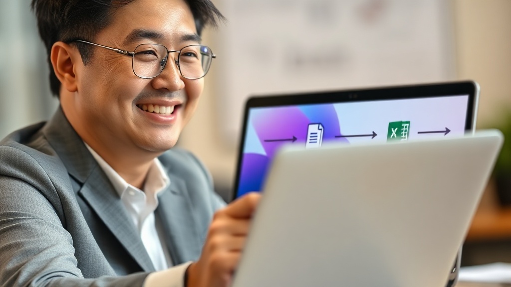 웹폼, 구글 시트, 엑셀 아이콘이 연결된 노트북 화면을 보며 미소 짓는 한국인 직장인, 자동화를 상징하는 플레이 버튼을 들고 있는 모습