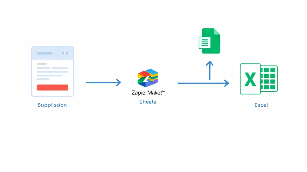 웹폼에서 Zapier/Make.com을 거쳐 Google Sheets와 Excel로 데이터가 흐르는 과정을 보여주는 SVG 다이어그램 일러스트