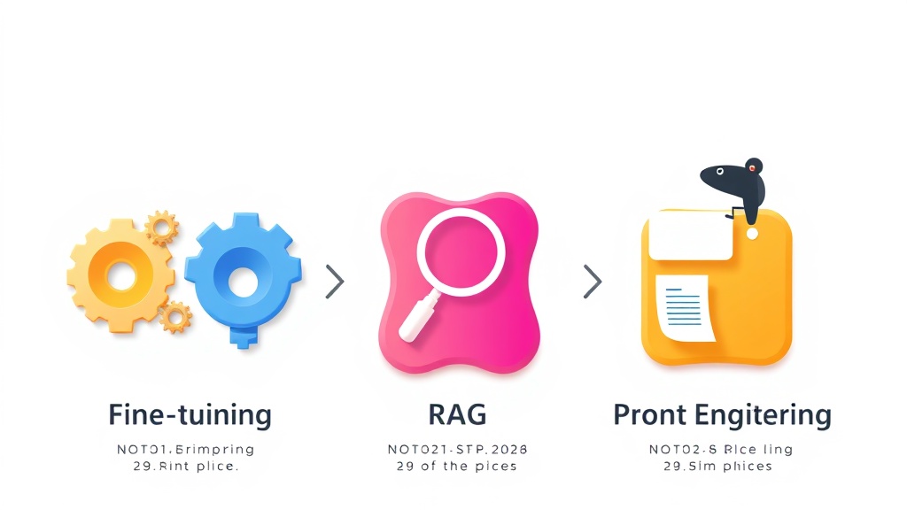 파인튜닝, RAG, 프롬프트 엔지니어링 전략을 비교하는 추상적인 다이어그램