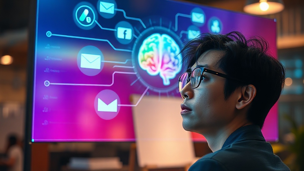 AI 대시보드를 보고 있는 한국인 마케터: 다양한 마케팅 채널 데이터가 통합 분석되는 미래형 화면