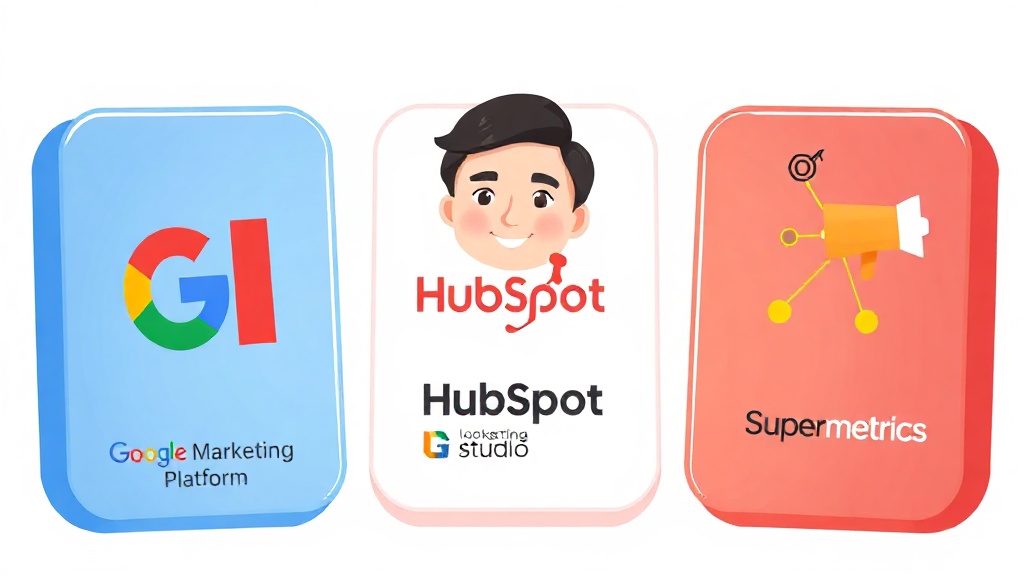 Google Marketing Platform, HubSpot Marketing Hub, Supermetrics 로고가 있는 세 가지 디지털 카드