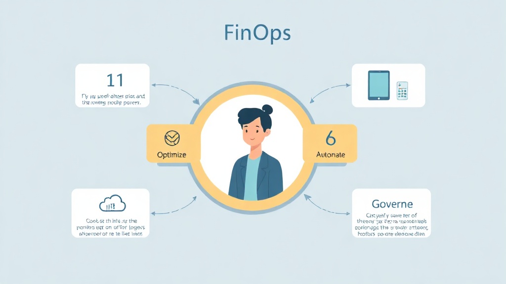 FinOps 도입 5단계 워크플로우를 보여주는 인포그래픽: 정보화, 최적화, 운용, 자동화, 거버넌스