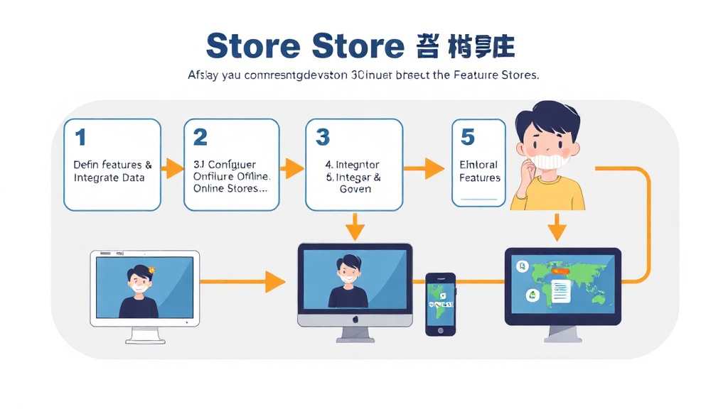 AI Feature Store를 성공적으로 구축하기 위한 5단계 과정을 시각적으로 표현한 번호 매겨진 흐름도 인포그래픽.