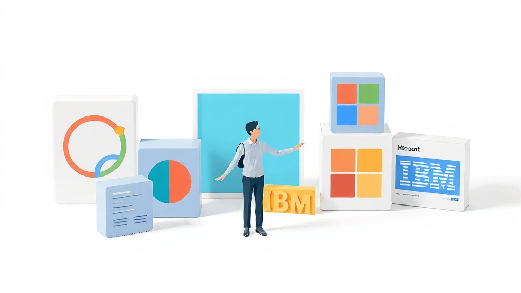 Google, Microsoft, IBM 등 선도 기업의 책임 있는 AI 접근 방식을 상징하는 추상적인 브랜드 카드 배열