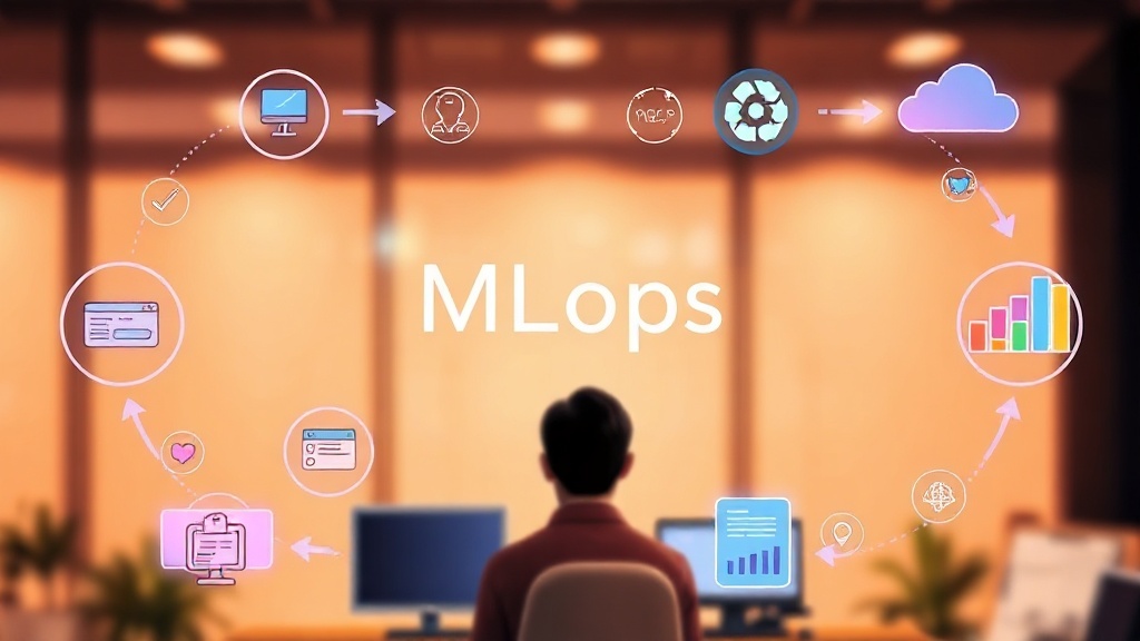 MLOps 라이프사이클과 자동화된 AI 모델 운영을 추상적으로 표현한 일러스트