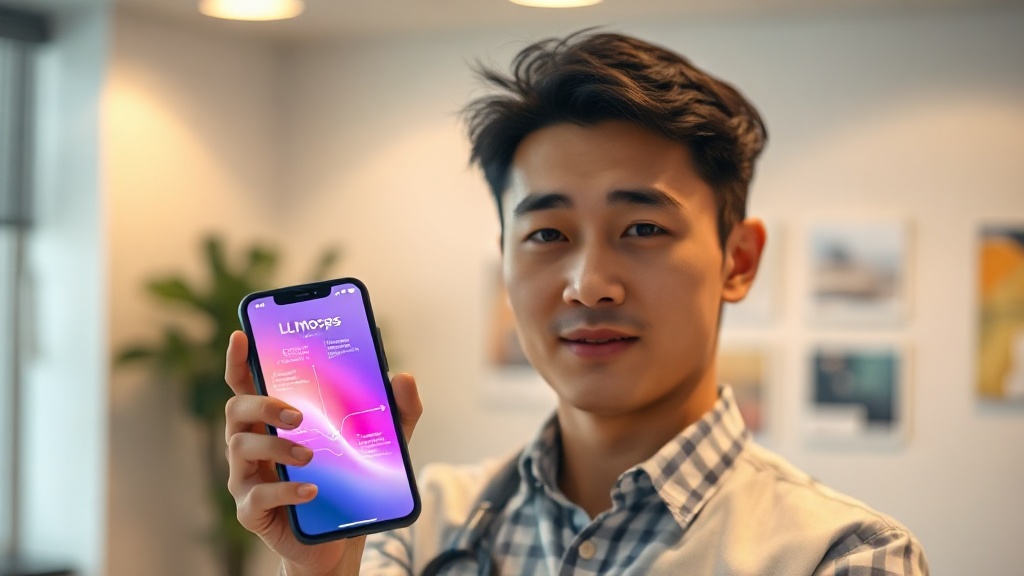 한국인 남성 엔지니어가 LLMops 워크플로우 다이어그램이 표시된 태블릿을 들고 있는 모습.