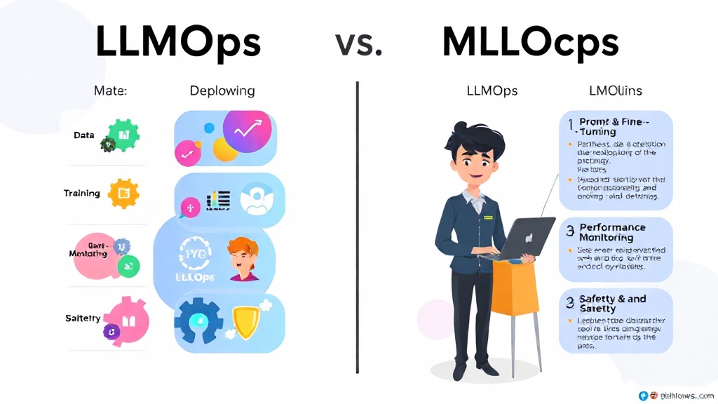 MLOps와 LLMops의 핵심 구성 요소를 비교하는 SVG 인포그래픽.