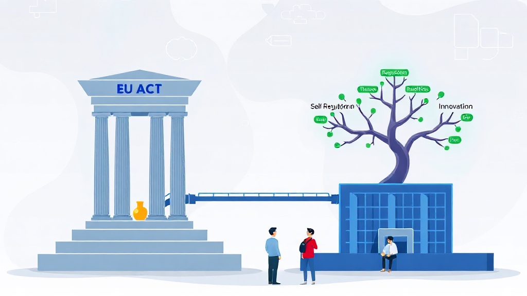 EU AI Act와 한국의 AI 윤리 가이드라인을 대비시켜 글로벌 AI 규제 현황을 시각화한 콘셉트 아트