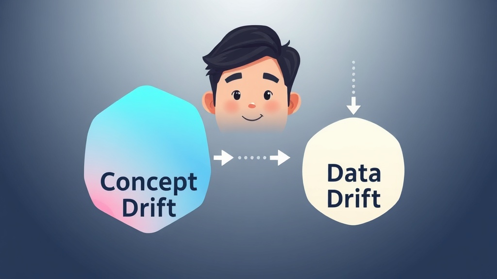 개념 드리프트(Concept Drift)와 데이터 드리프트(Data Drift)의 차이를 시각적으로 설명하는 추상적인 도형 일러스트.