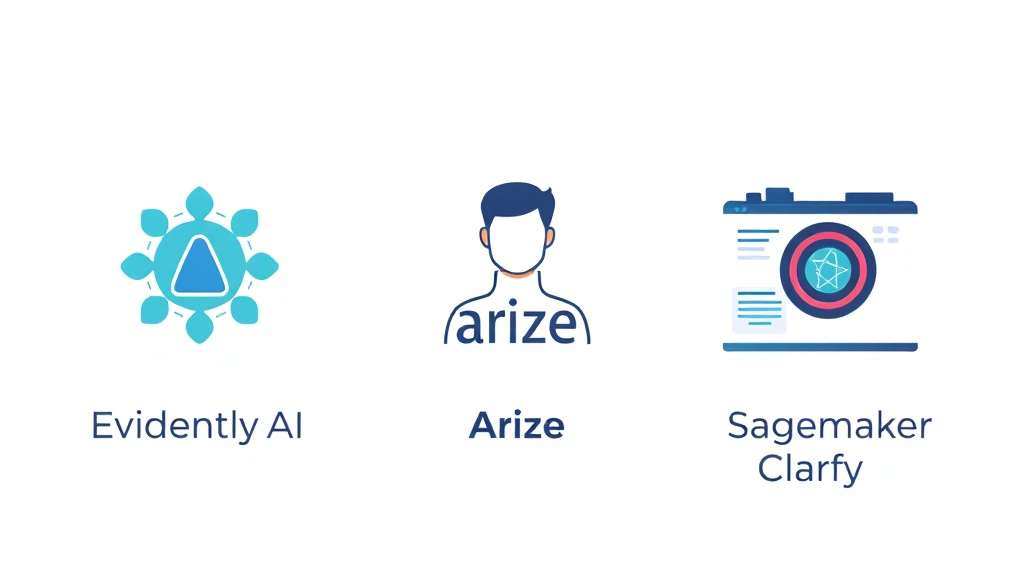 데이터 드리프트 모니터링 도구인 Evidently AI, Arize, Sagemaker Clarify의 로고 아이콘.