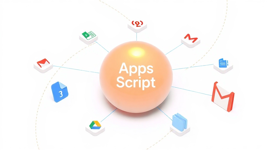 구글 시트, 문서, 캘린더, Gmail, 드라이브 아이콘들을 중앙의 'Apps Script' 허브가 연결하는 개념적 일러스트