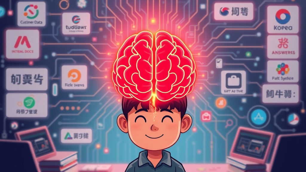 고객 데이터, 내부 문서 등이 AI 모델로 흘러들어가 도메인 특화 답변으로 변환되는 추상적인 데이터 흐름 시각화