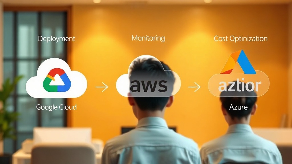 Google Cloud, AWS, Azure 클라우드 플랫폼의 LLM 배포, 모니터링, 비용 최적화 기능을 비교하는 인포그래픽