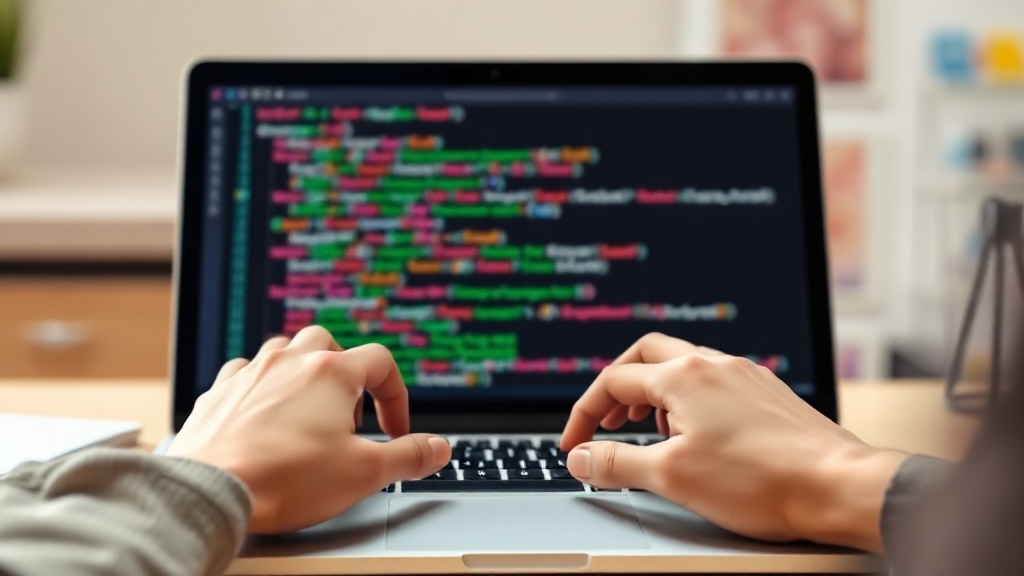 Google Apps Script 코드를 작성하는 한국인 개발자의 손과 흐릿하게 처리된 노트북 화면
